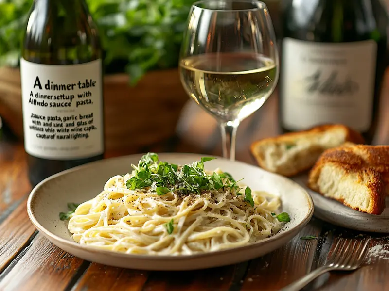 Alfredo sauce pasta served with garlic bread and wine