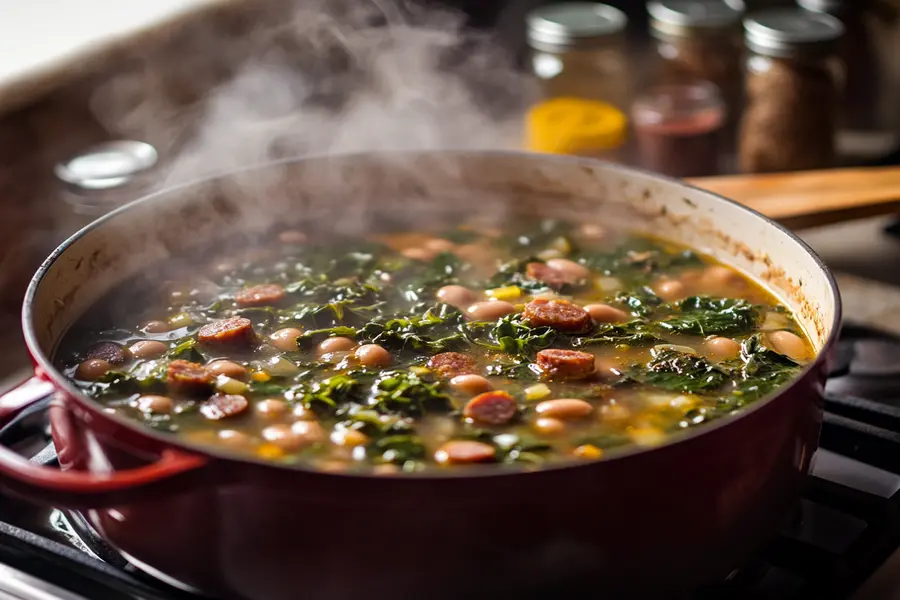  A pot of swamp soup simmering on a stovetop.