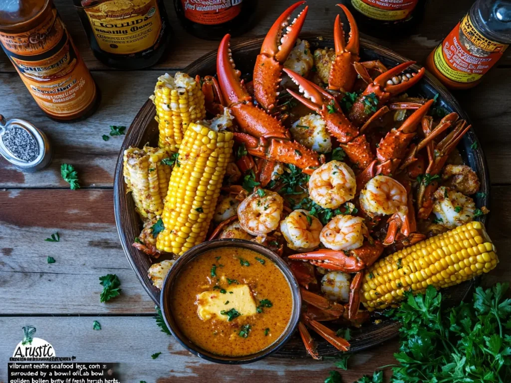 Seafood boil platter with buttery seafood boil sauce