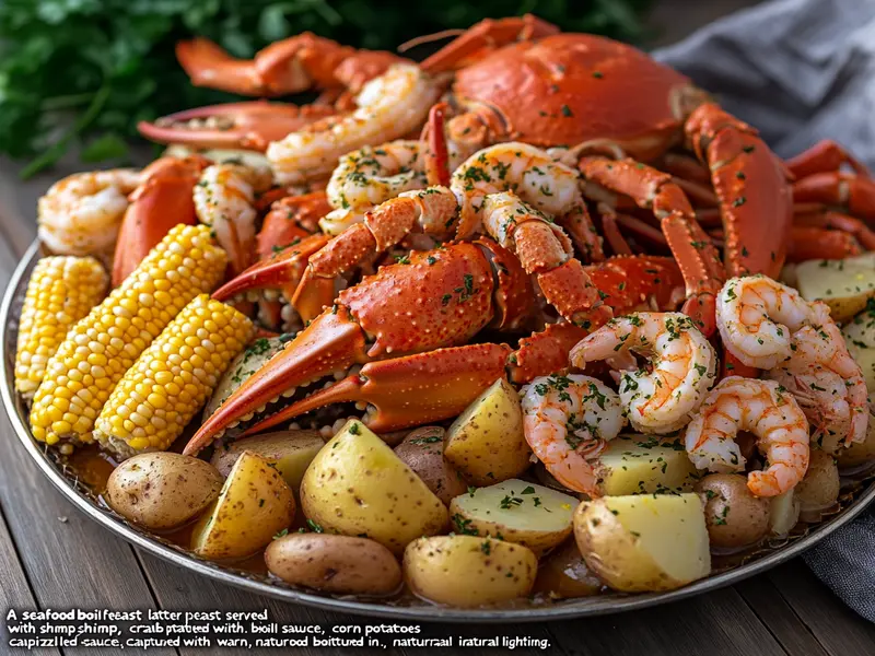 Seafood boil platter drizzled with seafood boil sauce