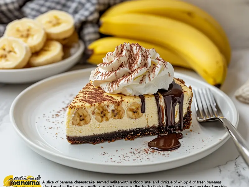 Slice of banana cheesecake with chocolate drizzle and whipped cream