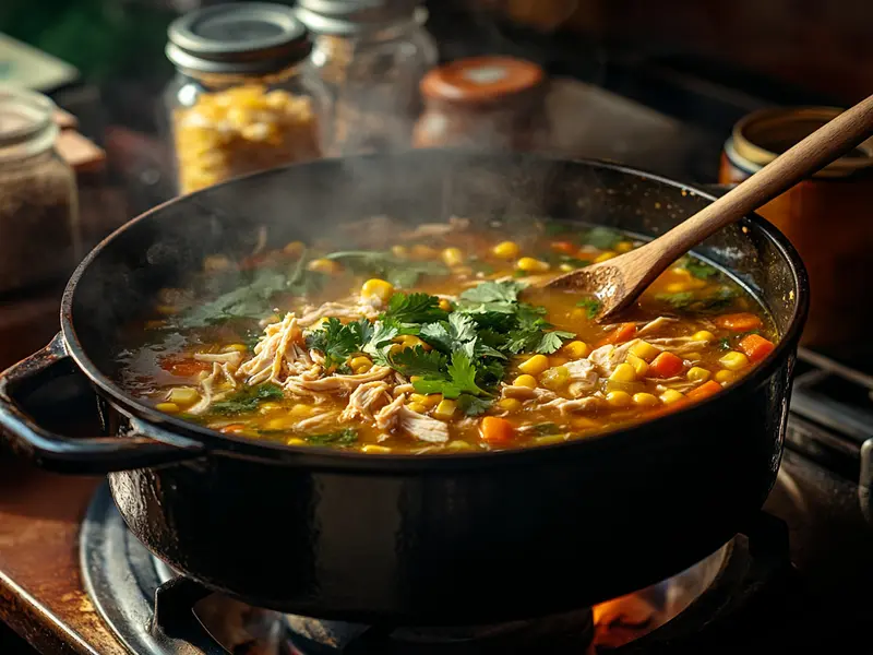 A pot of Mexican chicken soup simmering on the stovetop