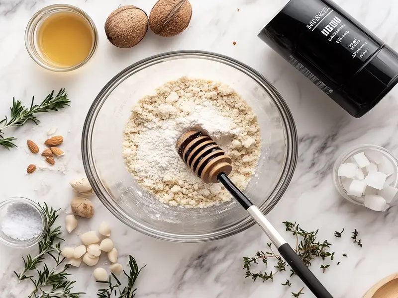 Mixing almond flour, coconut oil, and honey for a healthy cheesecake crust