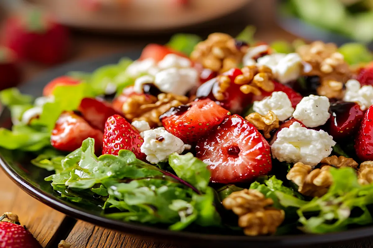 Goat cheese salad with strawberries and balsamic dressing."