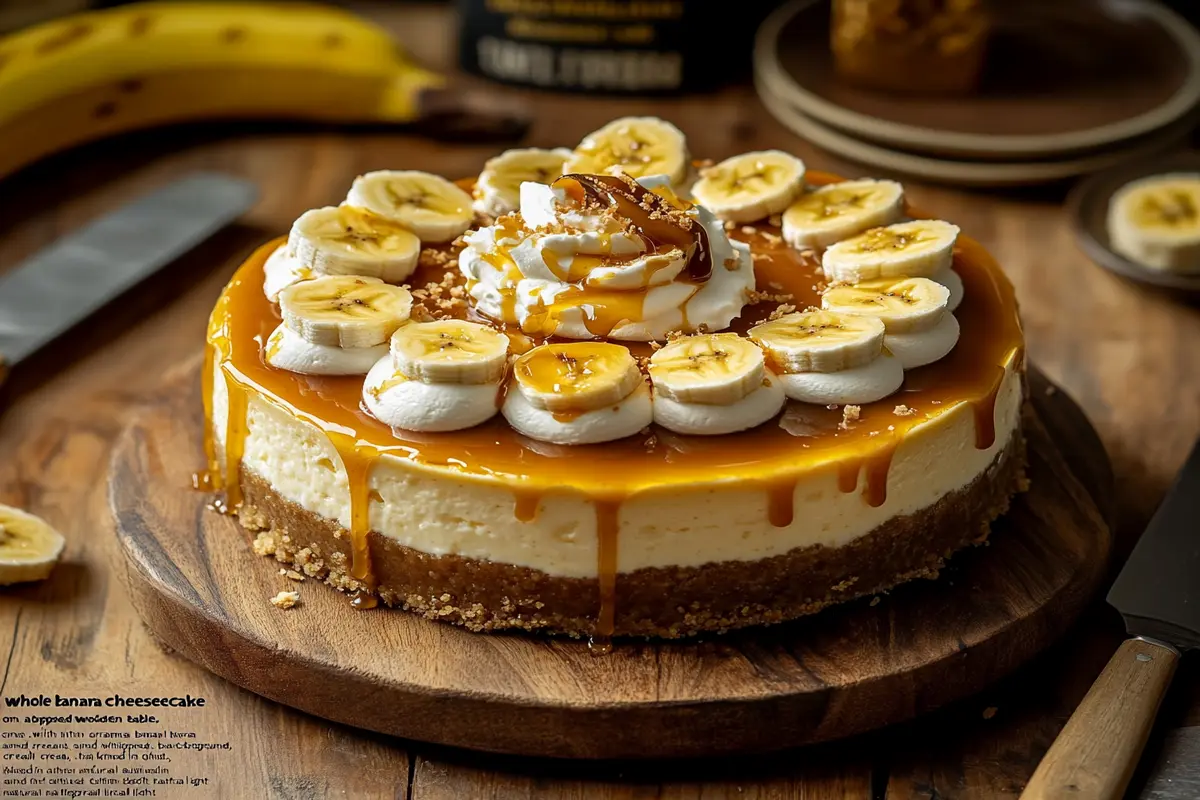 Whole banana cheesecake with caramel and banana slices