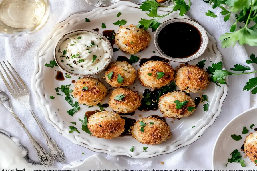 Baked goat cheese balls served with dips and wine."