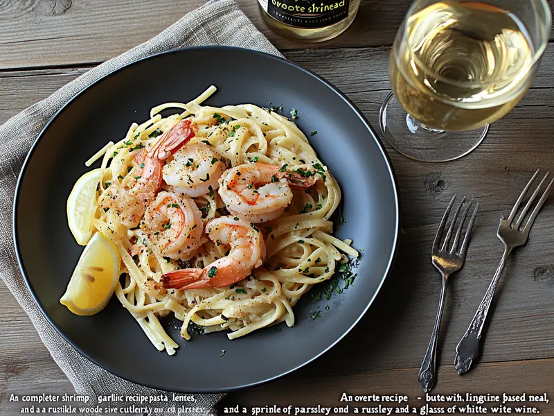 "Garlic butter shrimp with linguine and lemon."