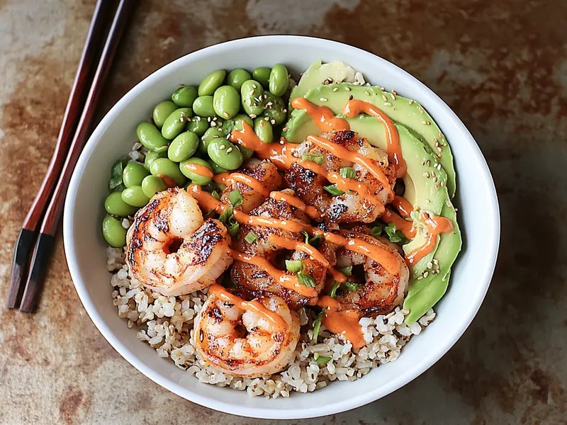 "An assembled shrimp bowl with brown rice and vegetables."