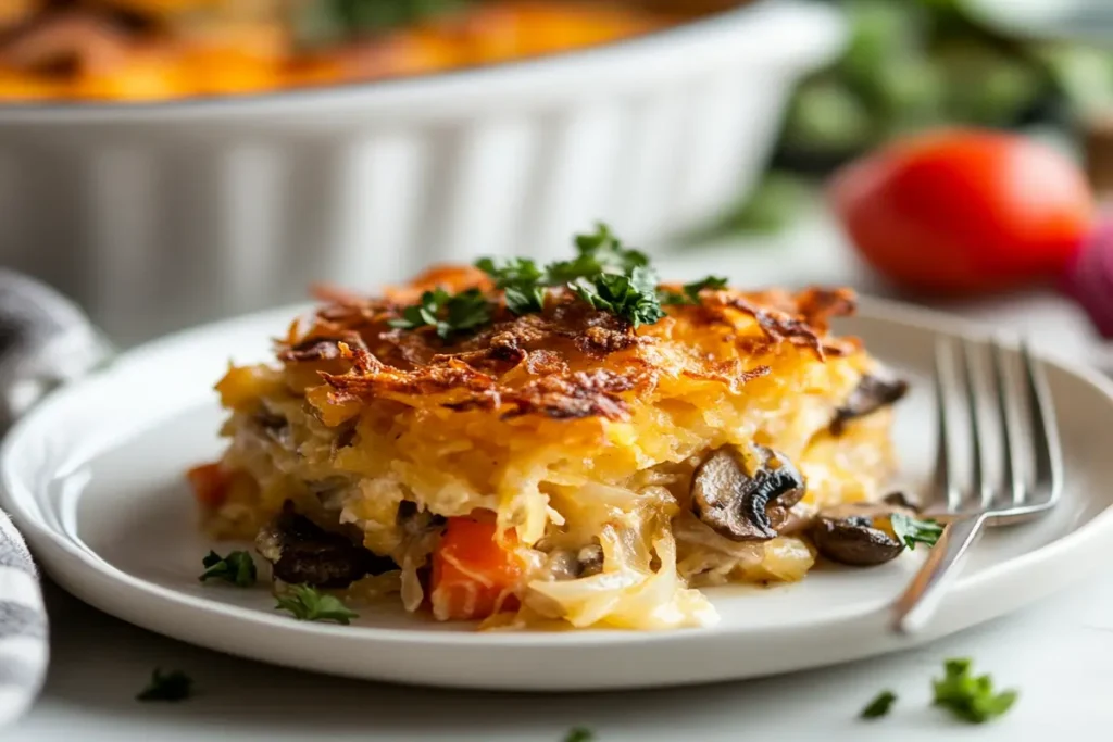 Vegetarian gluten-free hashbrown casserole with crispy cheese topping."