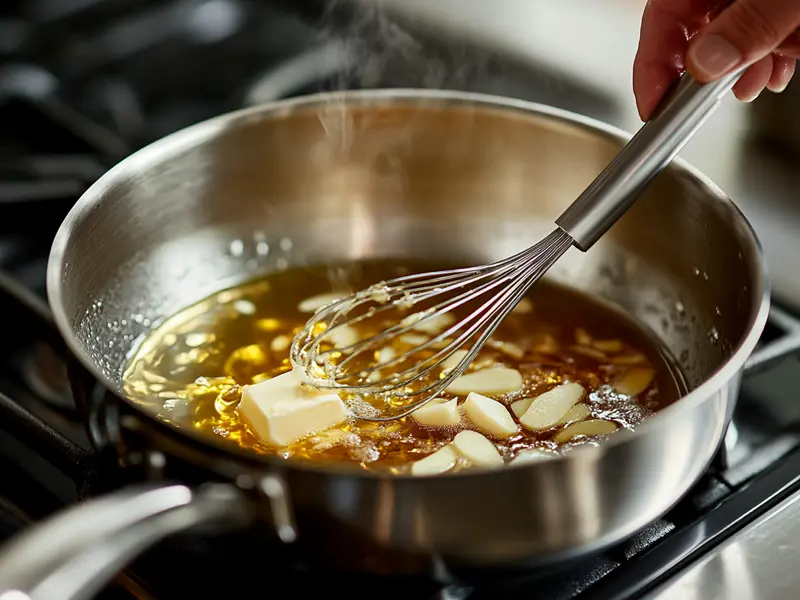 Cooking seafood boil sauce with butter, garlic, and spices