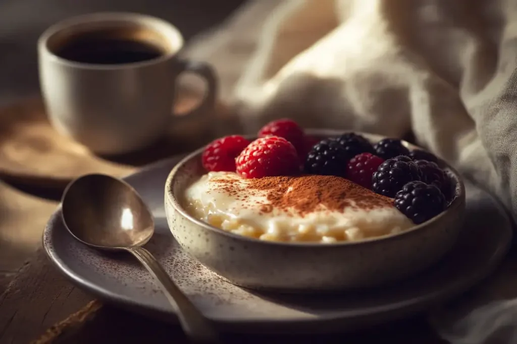 Arroz con leche served with fresh berries and coffee