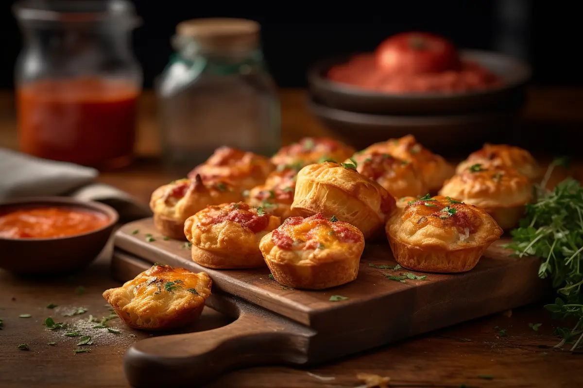 Freshly baked pizza puffs served with marinara sauce for dipping."