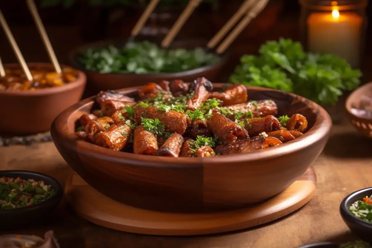 Cocktail franks glazed in barbecue sauce, served on a wooden platter.