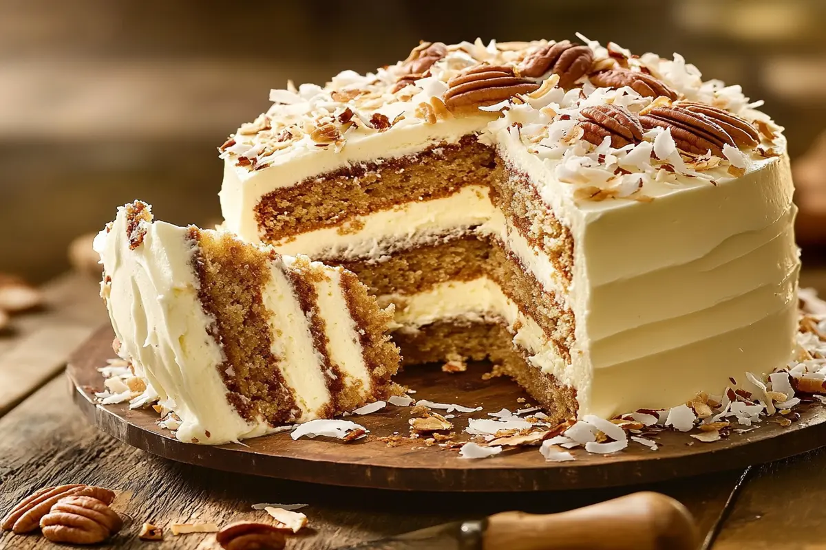 Italian Cream Cake with cream cheese frosting and pecans