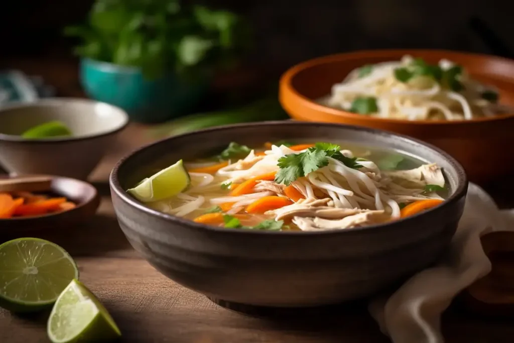 "A bowl of homemade chicken noodle soup with rice noodles, fresh herbs, and sliced carrots."