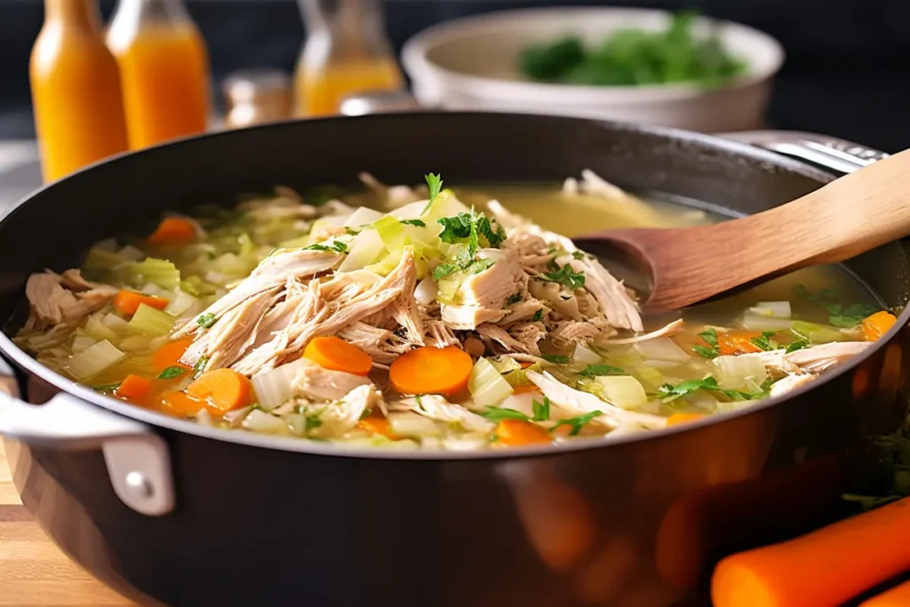 A pot of homemade chicken broth with shredded chicken, carrots, and celery."
