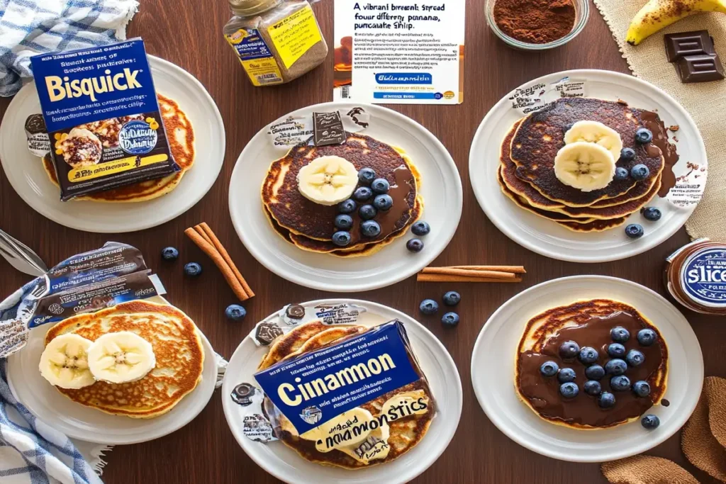 Different variations of Bisquick pancakes on a breakfast table