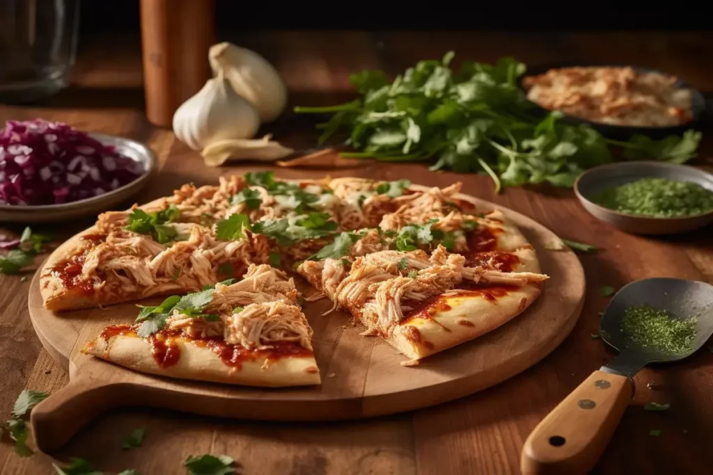 Freshly baked BBQ rotisserie chicken pizza with melted cheese."
