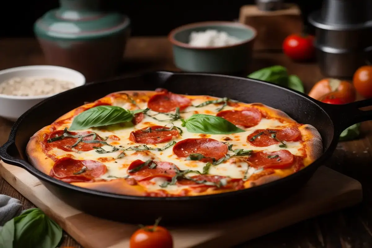 Freshly baked crustless pizza in a skillet with melted cheese and pepperoni."