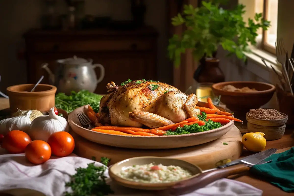 Shredded rotisserie chicken on a plate with fresh herbs and spices."