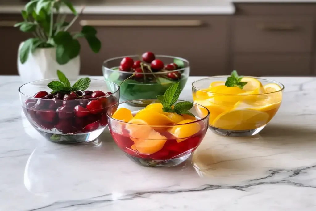 Three variations of fruit cocktail in glass bowls.
