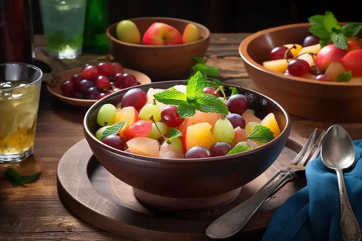 Fresh homemade fruit cocktail in a bowl with juicy fruits.