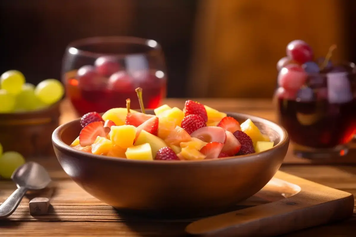 Fresh homemade fruit cocktail in a bowl with juicy fruits.