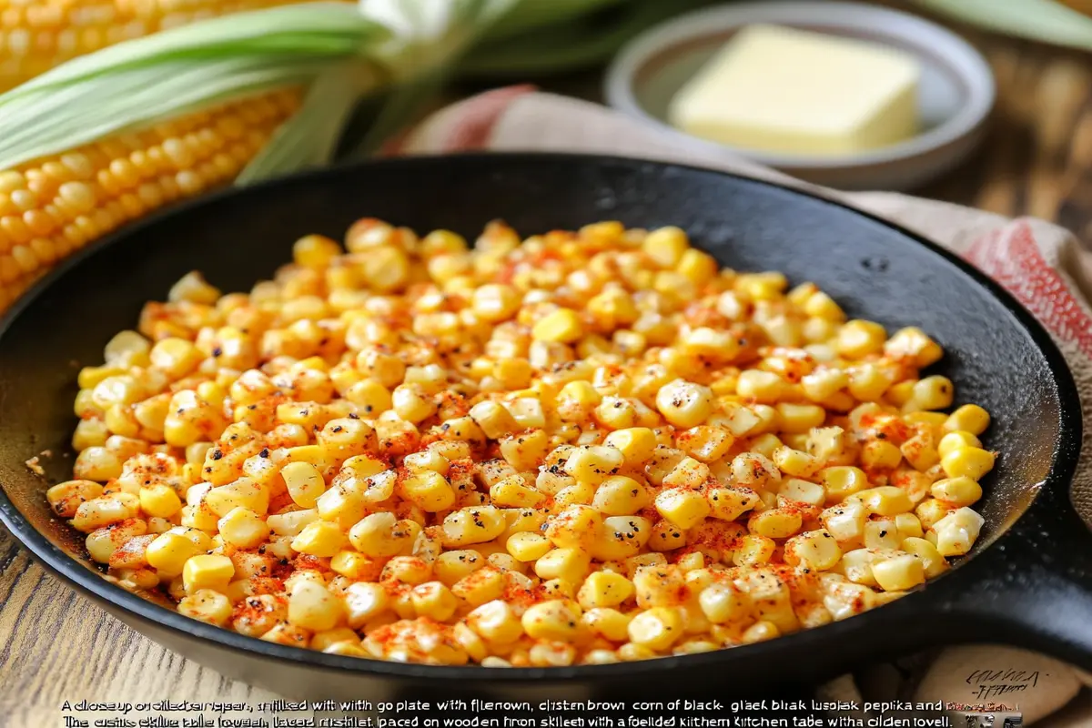 Crispy fried corn in a cast-iron skillet with butter