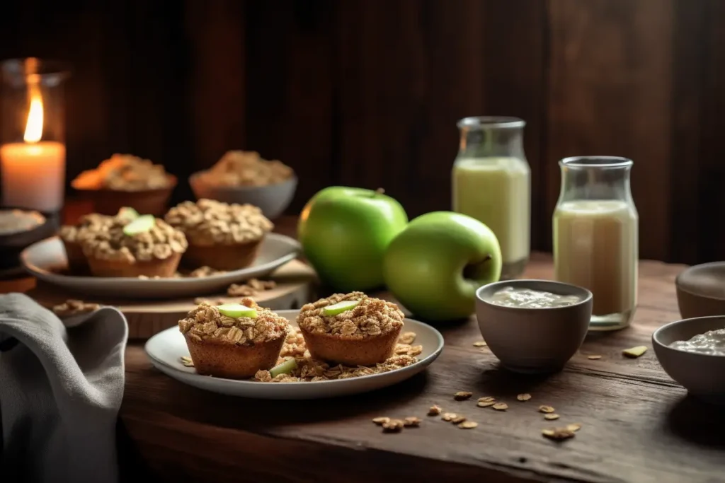 "A cozy breakfast table with apple cinnamon oatmeal, muffins, and smoothie."