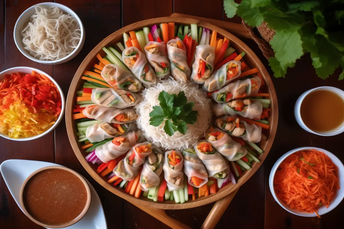 Fresh chicken soldiers rice paper rolls served with dipping sauces."