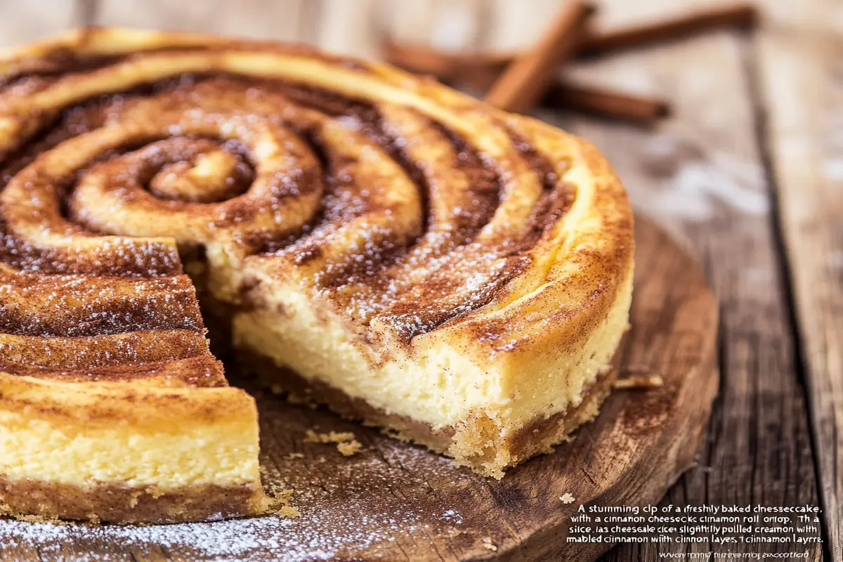 Cinnamon roll cheesecake with a creamy swirl topping