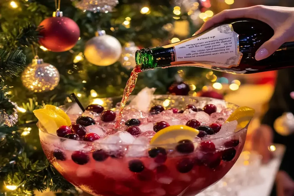 Pouring ingredients for Jingle Juice into a punch bowl