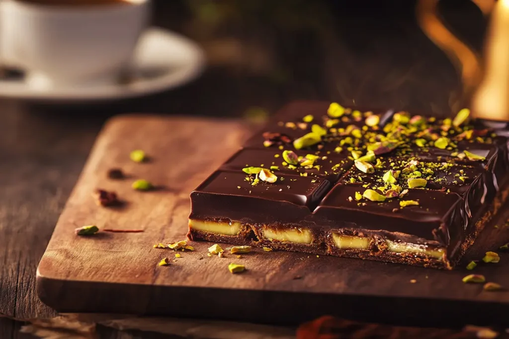 Dubai chocolate bar with pistachios, saffron, and edible gold