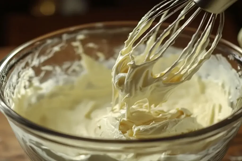 A glass mixing bowl with thick, creamy batter being whisked, preparing the base for an Italian Cream Cake.