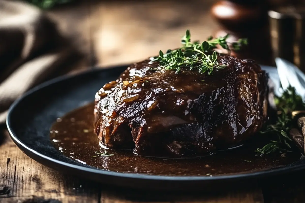 Tender braised bone-in beef shank served with rich sauce