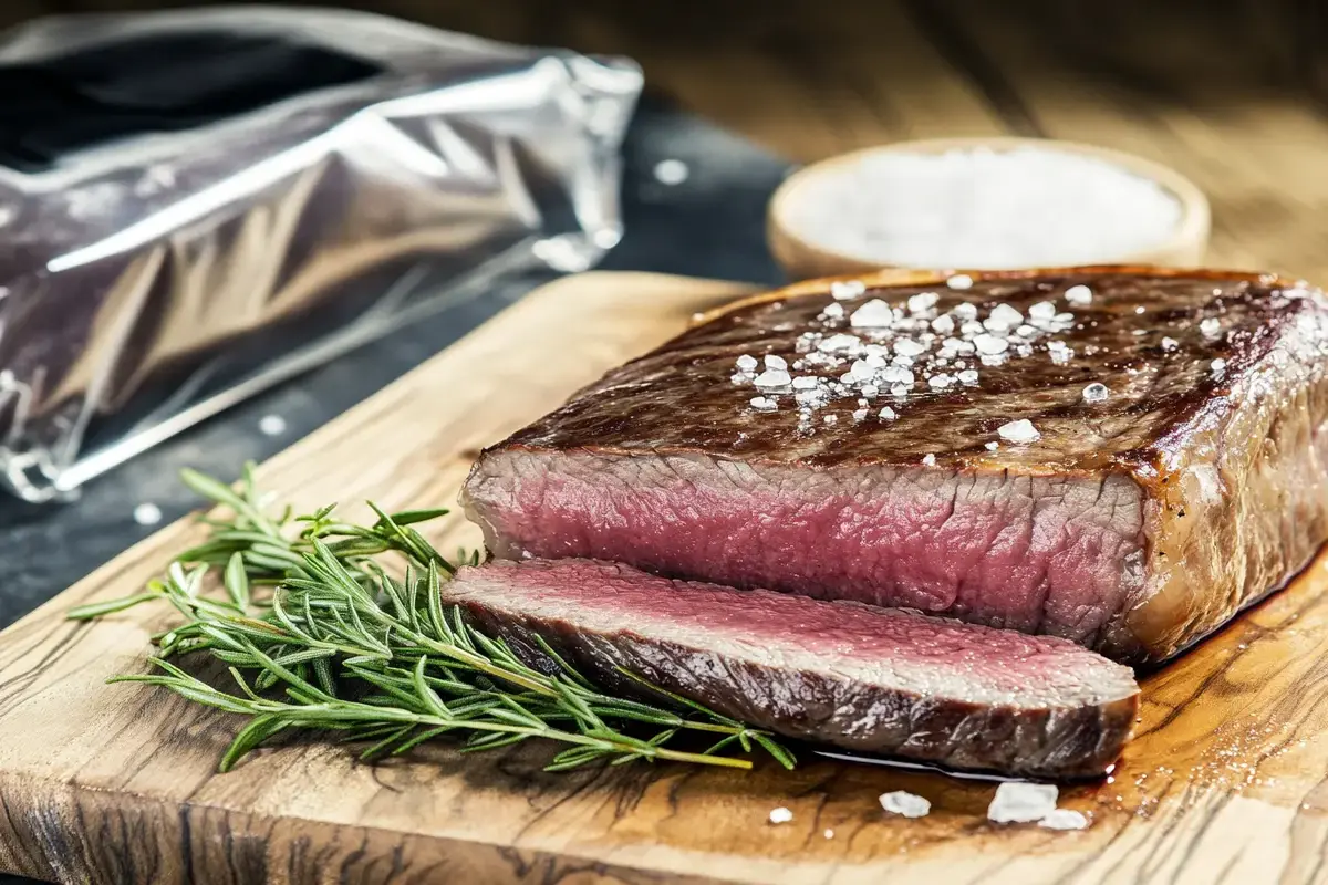 Medium-rare sous vide steak with rosemary and sea salt