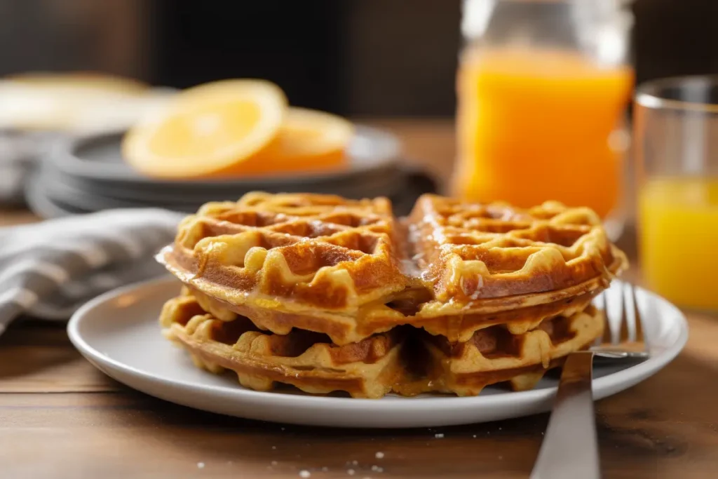 A plate of golden, crispy Bisquick waffles topped with syrup and melting butter."