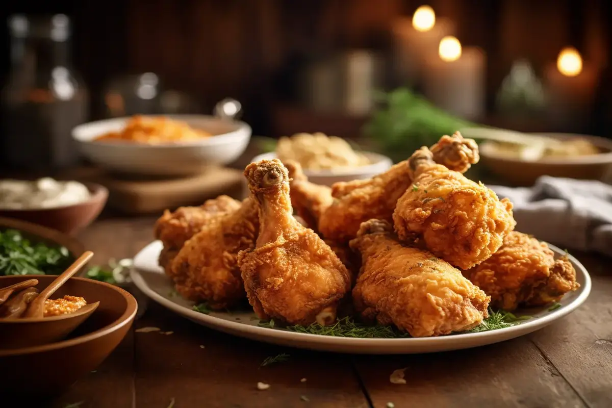 A plate of crispy fried chicken legs with golden brown crust."