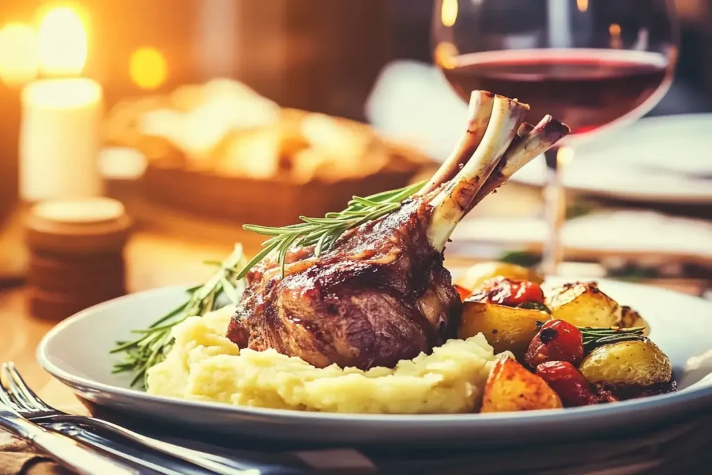 Bone-in lamb shank with mashed potatoes and roasted vegetables