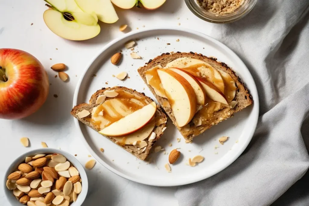 "Apple peanut butter toast with honey and cinnamon on a plate."