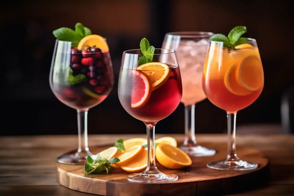 Three wine cocktails – red sangria, white wine spritzer, and sparkling rosé.