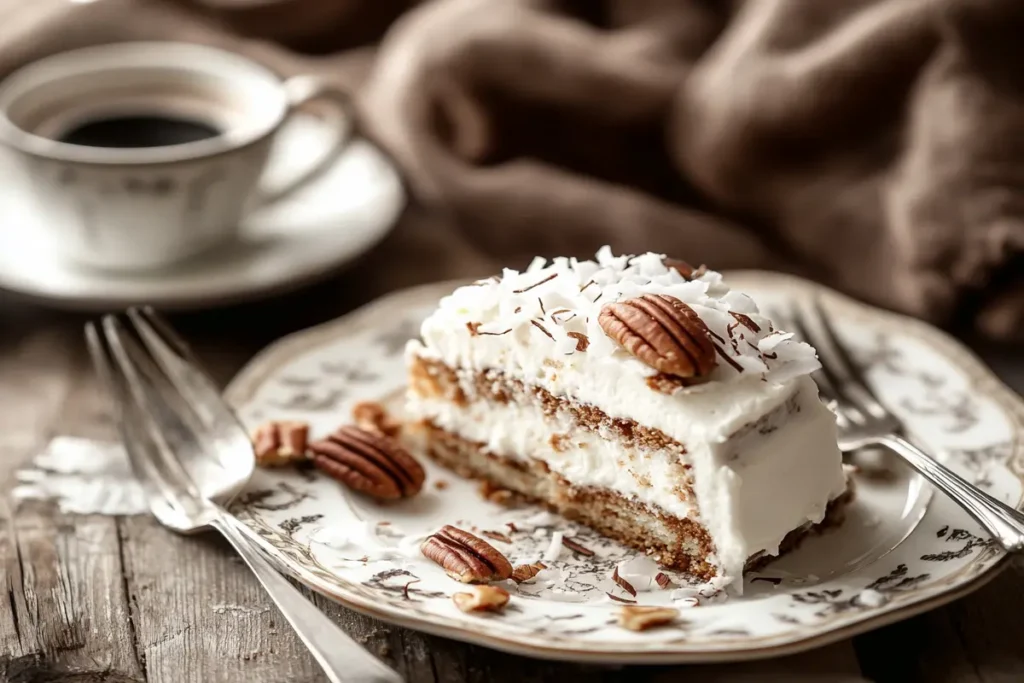 A slice of Italian Cream Cake on a plate with pecans