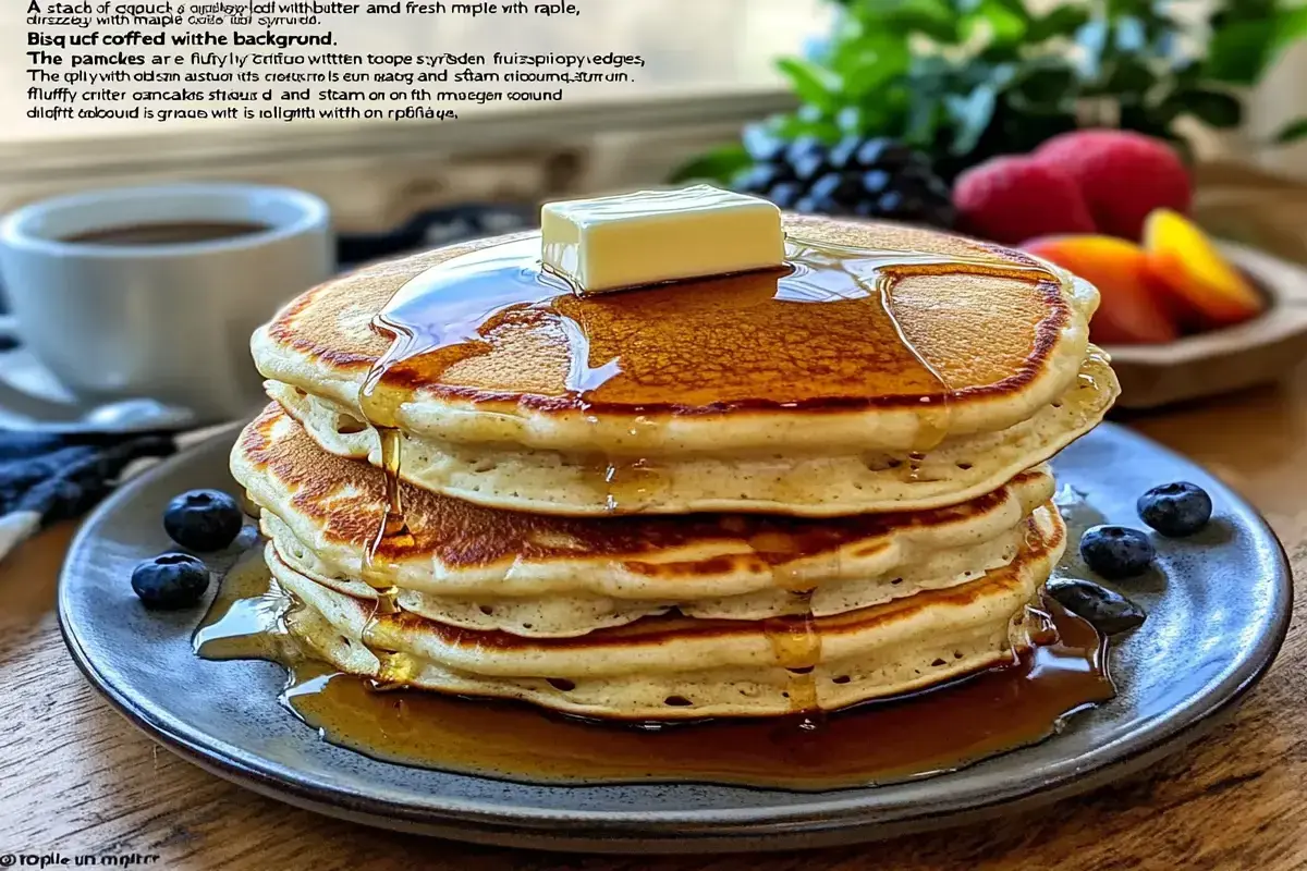 Fluffy Bisquick pancakes with butter and syrup