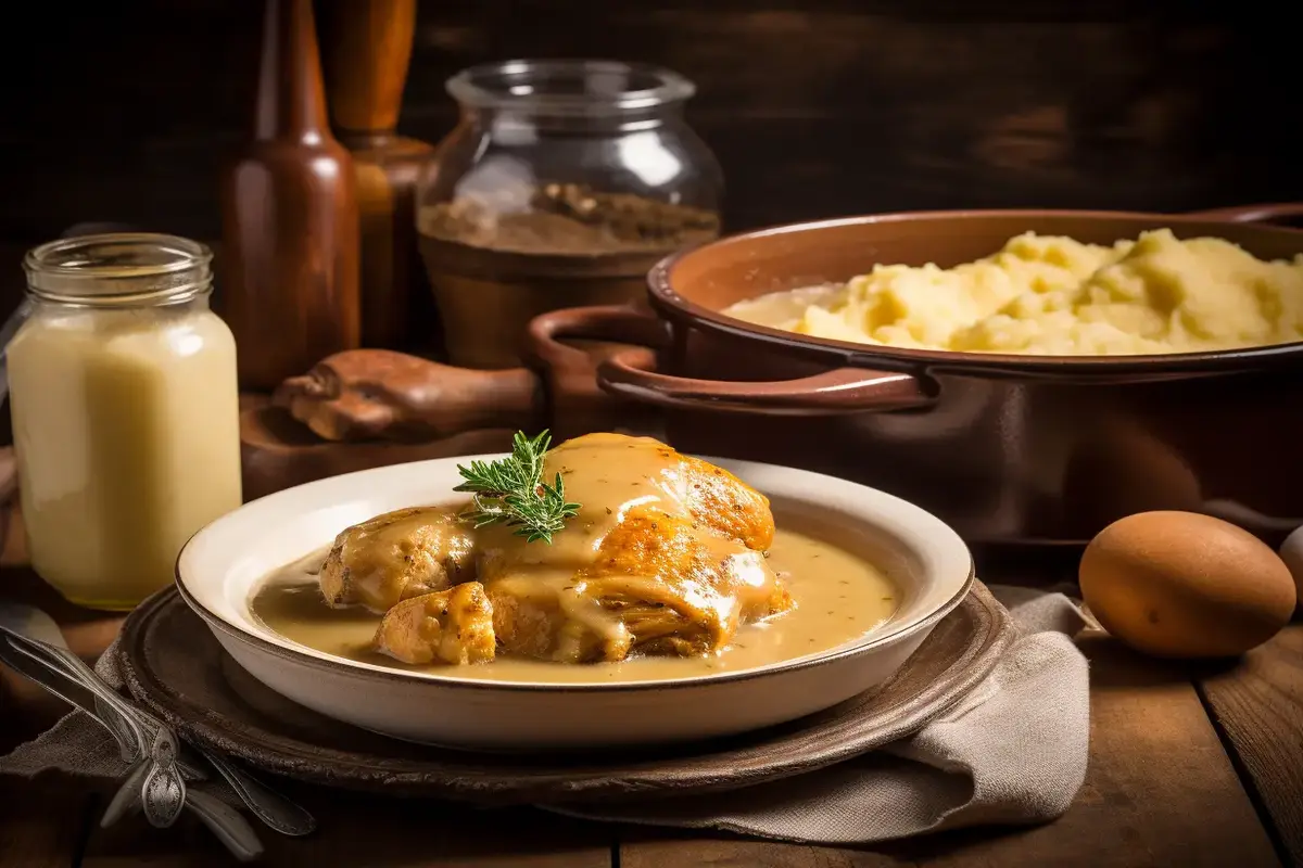 Delicious homemade chicken and gravy served with mashed potatoes.