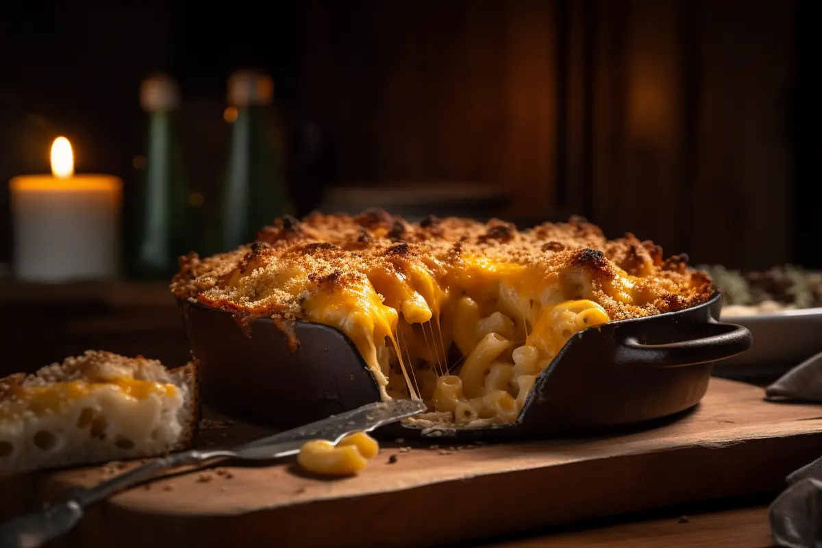 Golden baked Tini Mac and Cheese with gooey cheese pull."