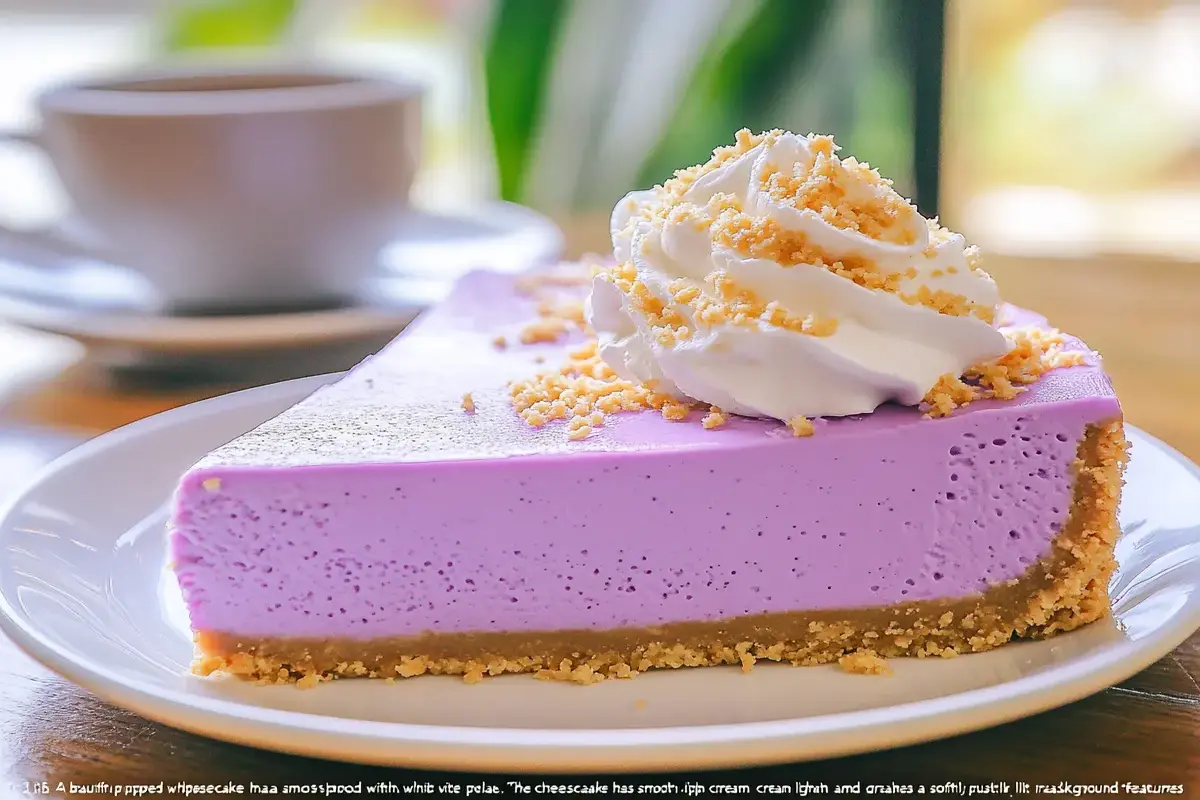 Ube cheesecake on a white plate with whipped cream topping