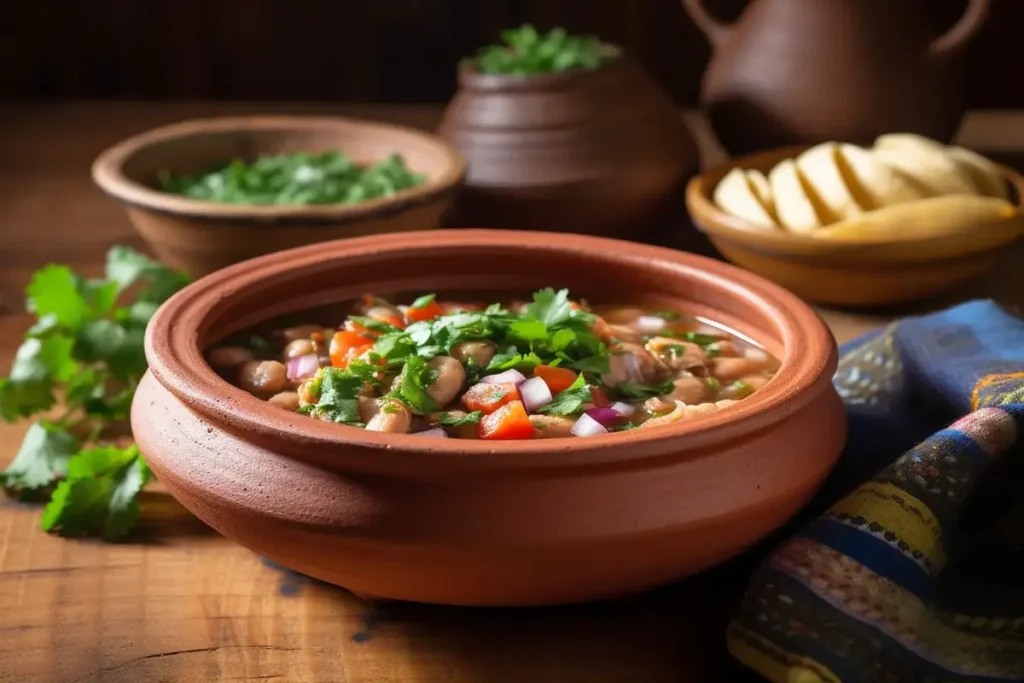 Authentic charro beans in a rustic bowl with fresh garnish.