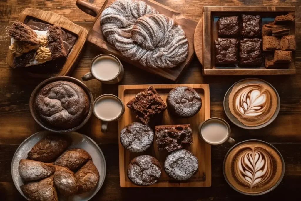 Assorted sourdough dessert recipes including cake, cinnamon rolls, and brownies.