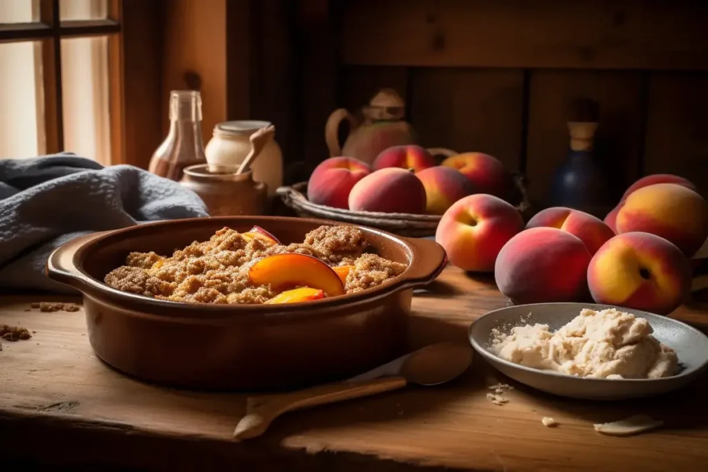 Freshly baked peach crumble in a ceramic dish with ice cream.