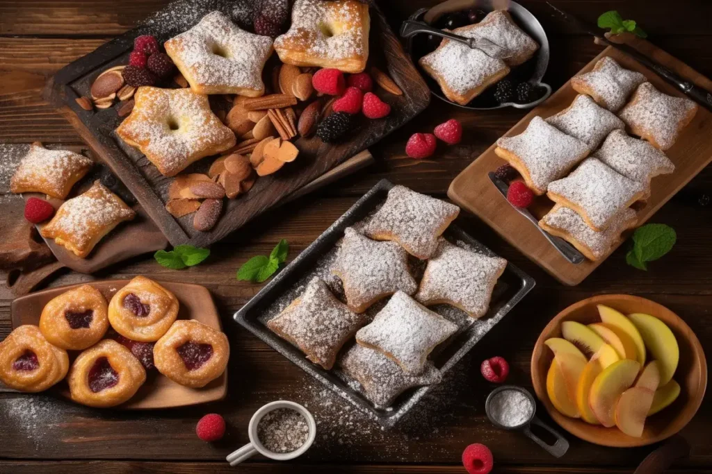 Assorted puff pastry dessert recipes, including turnovers and fruit tarts